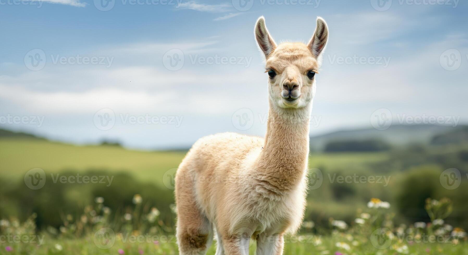 Charming young alpaca in verdant countryside landscape for nature and animal themes photo