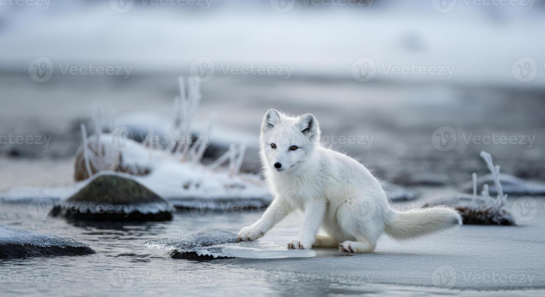 Arctic fox in winter landscape by icy river with snow and frost photo