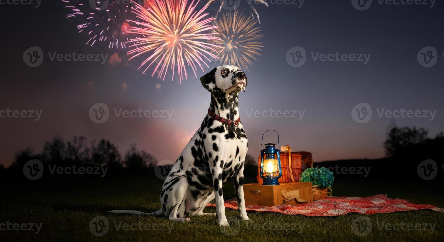 Dalmatian at night picnic watching fireworks display in open field photo