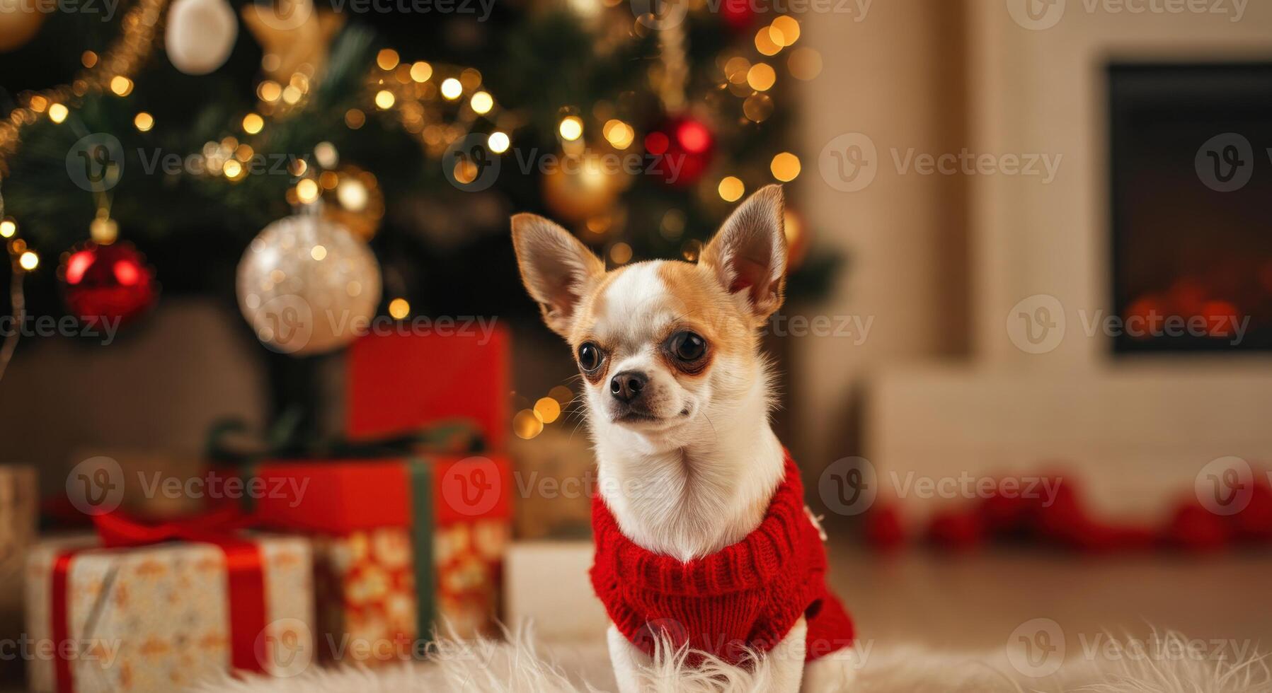 Festive chihuahua in red sweater with christmas tree and presents background photo