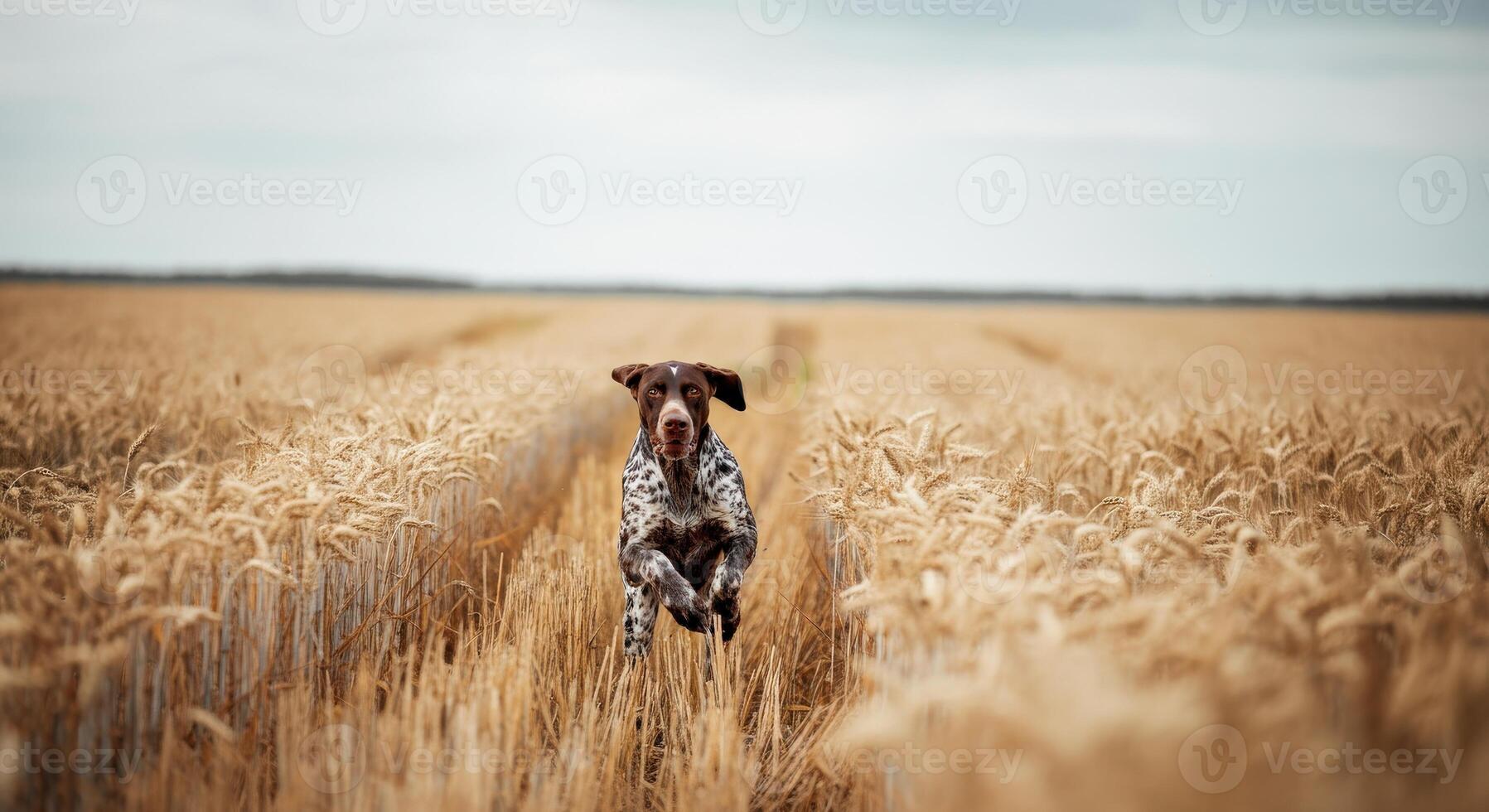 Energetic dog running through golden wheat field under cloudy sky photo