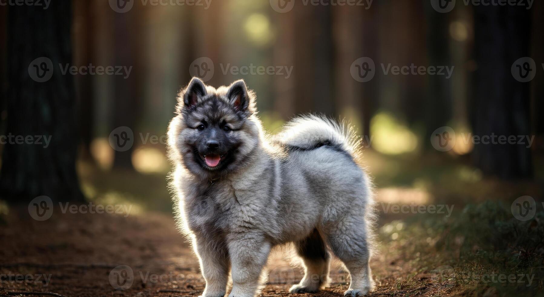 Fluffy eurasier dog in sunlit forest path perfect for canine lovers and nature enthusiasts photo
