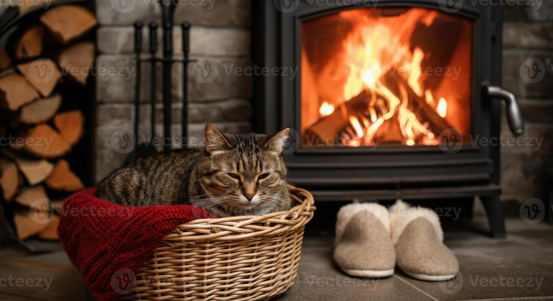 Cozy cat resting by a fireplace in winter setting with warm wool slippers photo