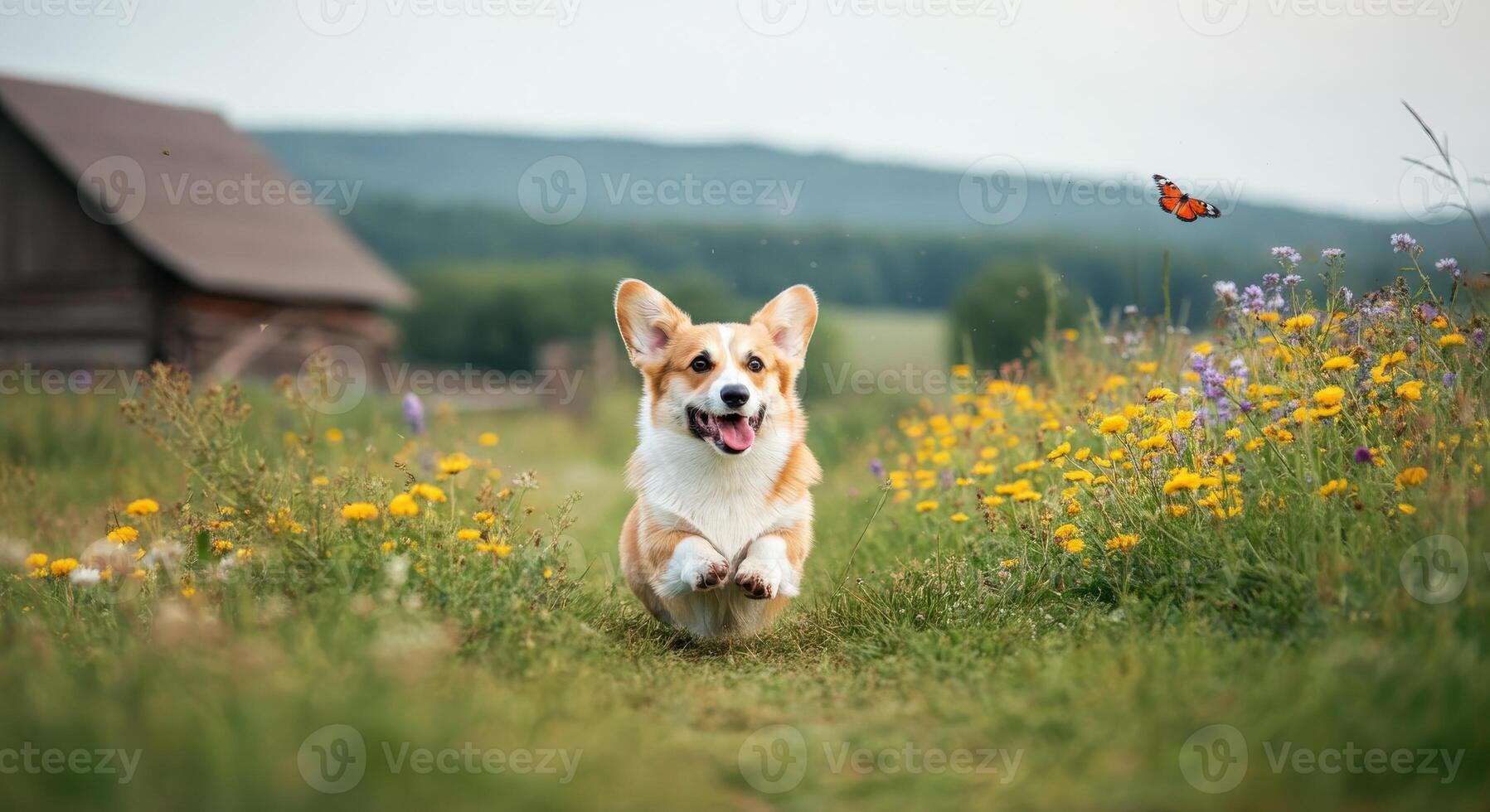 Energetic corgi joyfully running in a vibrant wildflower meadow with butterfly photo