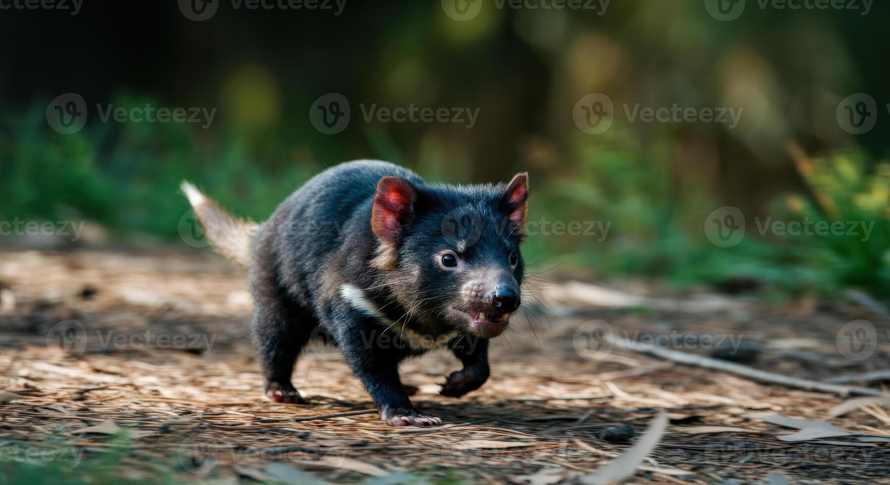 Tasmanian devil in natural habitat amidst forest pathway photo
