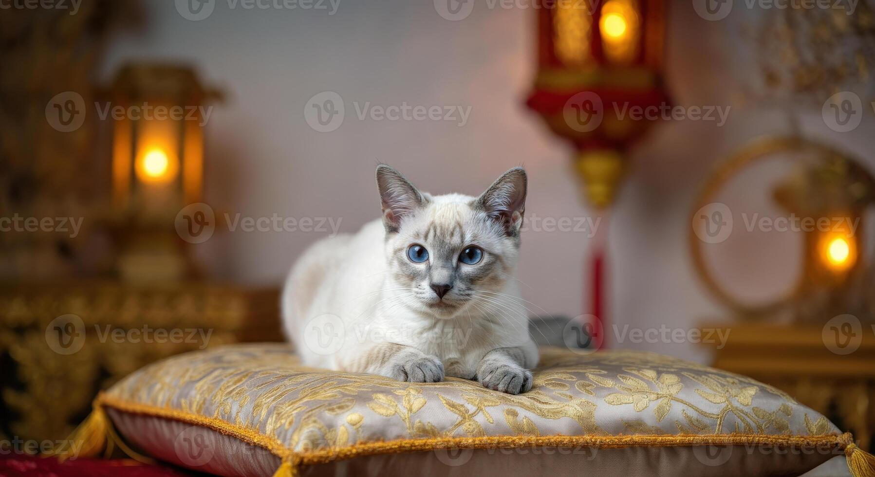 Royal siamese cat resting on ornate pillow with lanterns in cozy ambient setting photo