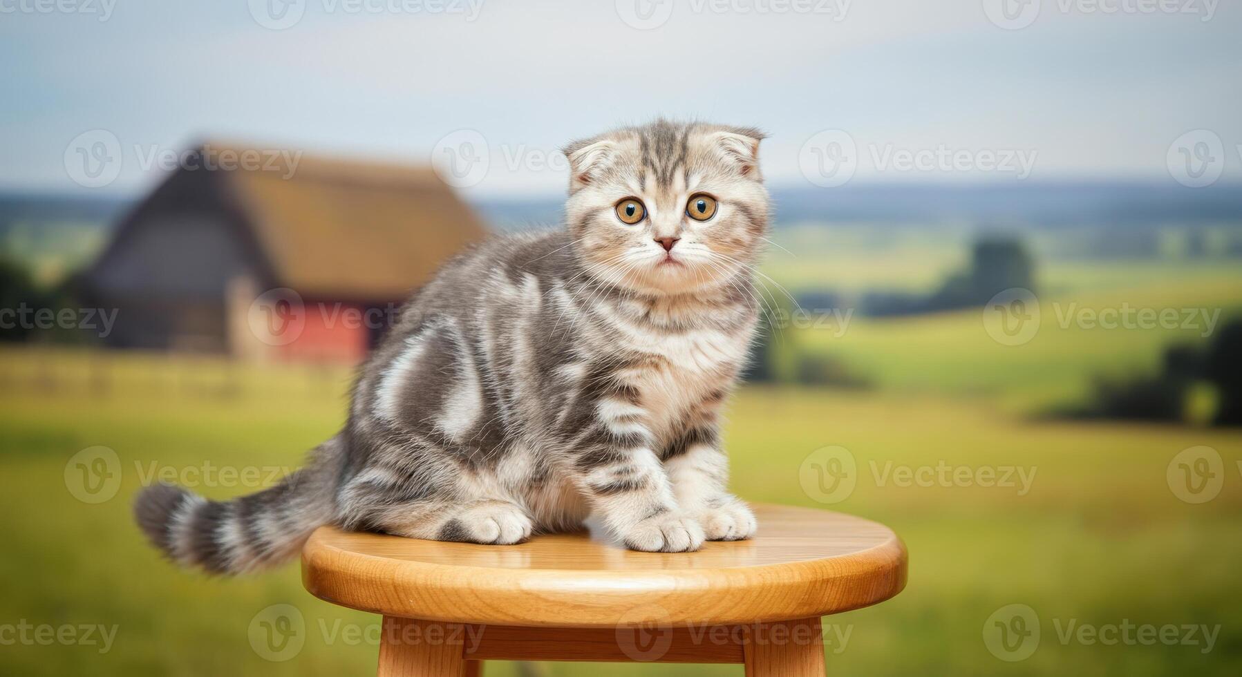 Adorable scottish fold kitten on wooden stool in serene countryside setting photo