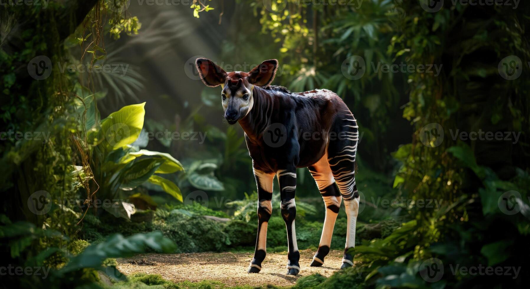 Okapi in lush greenery of dense tropical forest photo