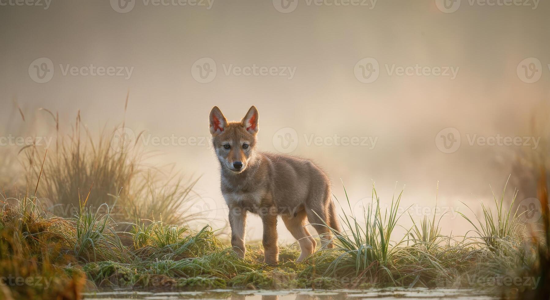 Young wolf pup exploring misty grassland at dawn in serene wilderness scene photo