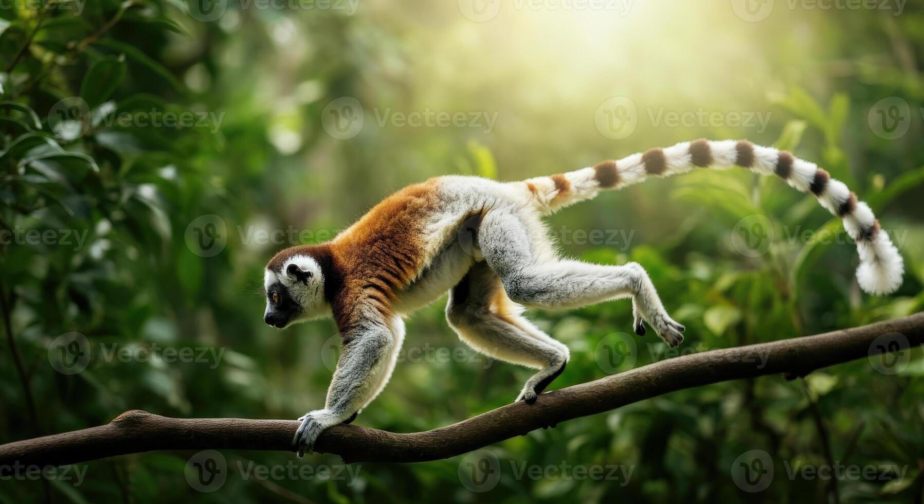 Agile lemur navigating sunlit jungle branch in madagascar photo