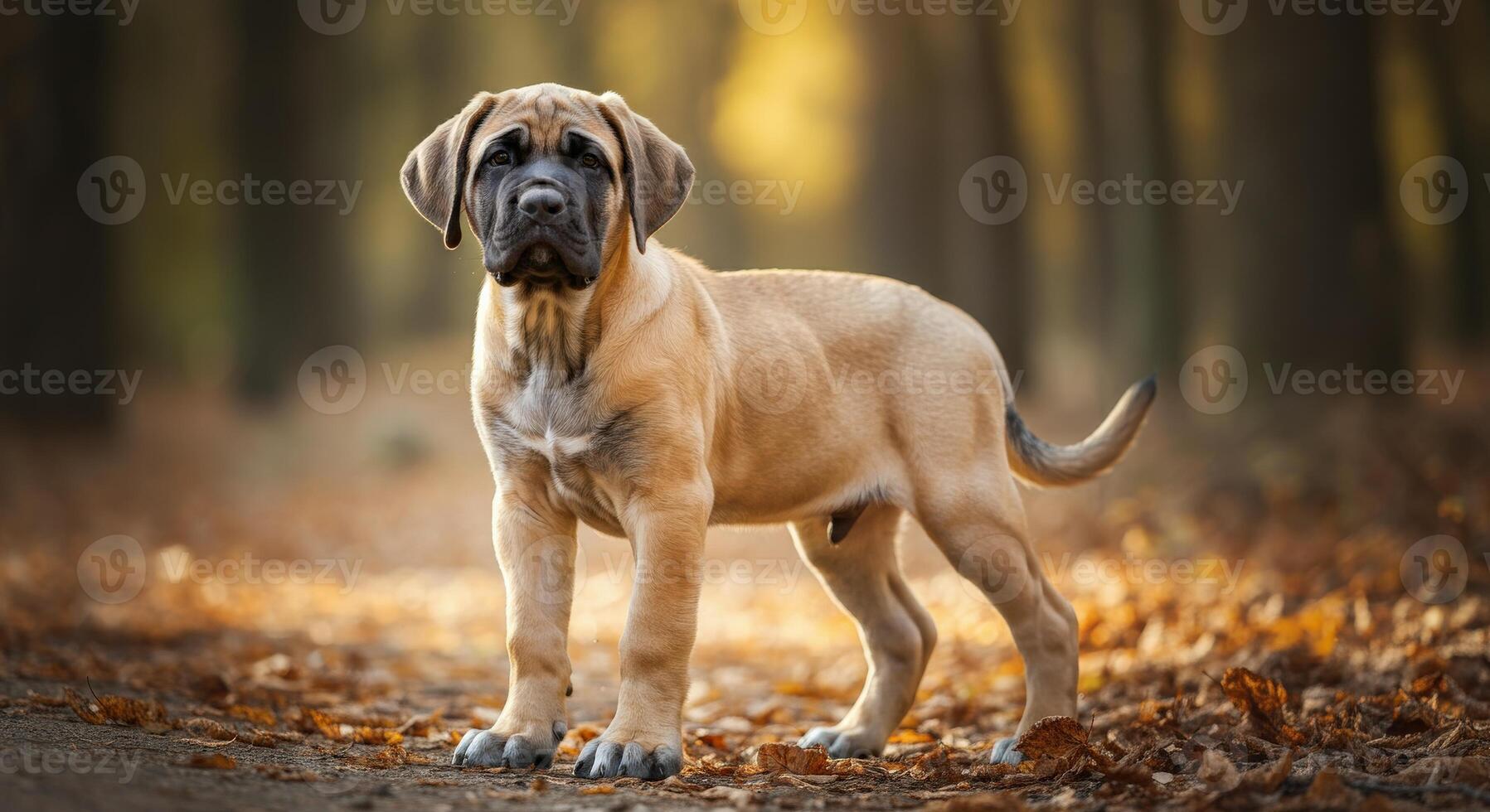Young mastiff puppy in autumn forest setting for nature-touch design photo