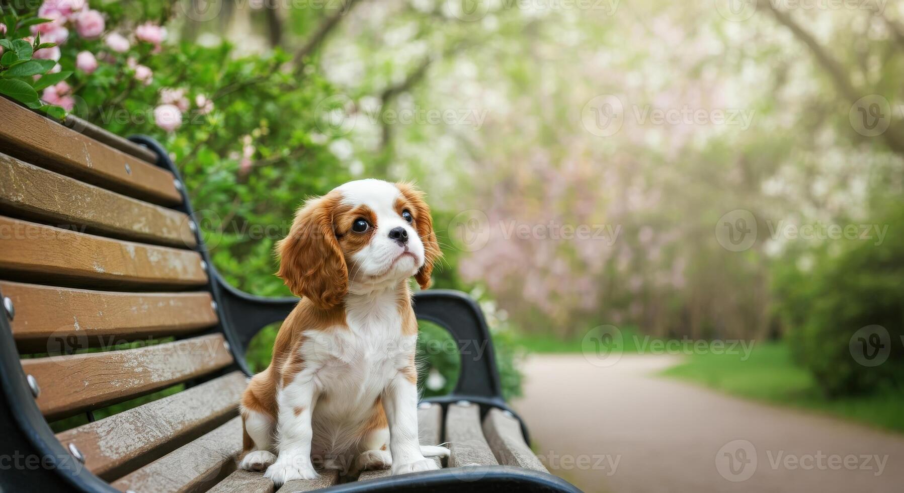 Adorable cavalier king charles spaniel puppy on park bench in blooming garden setting photo