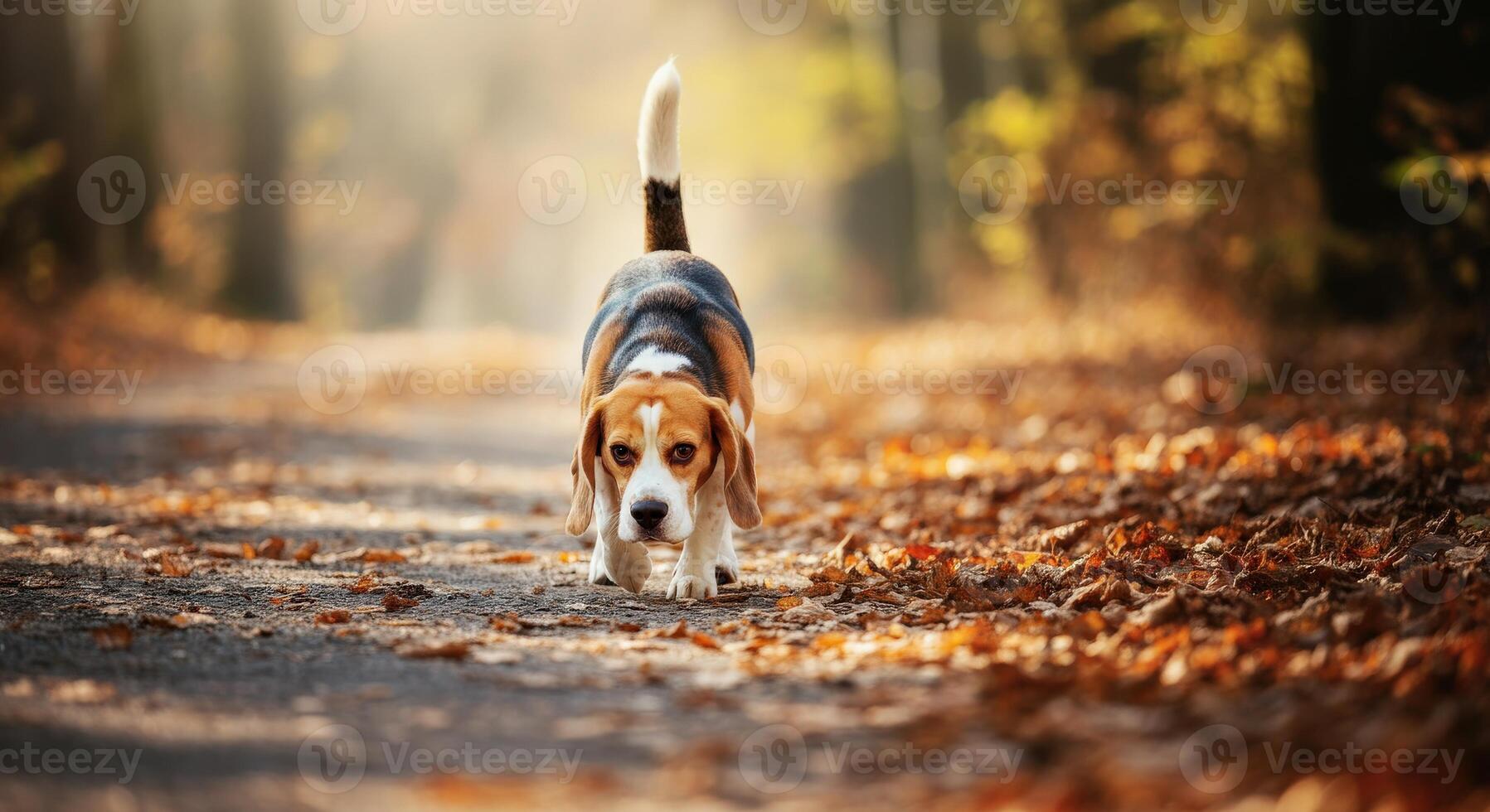 Beagle on a leaf-covered path in autumn forest setting for nature exploration photo