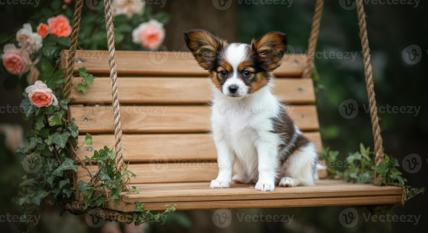 Adorable papillon puppy on wooden swing with roses in garden setting photo