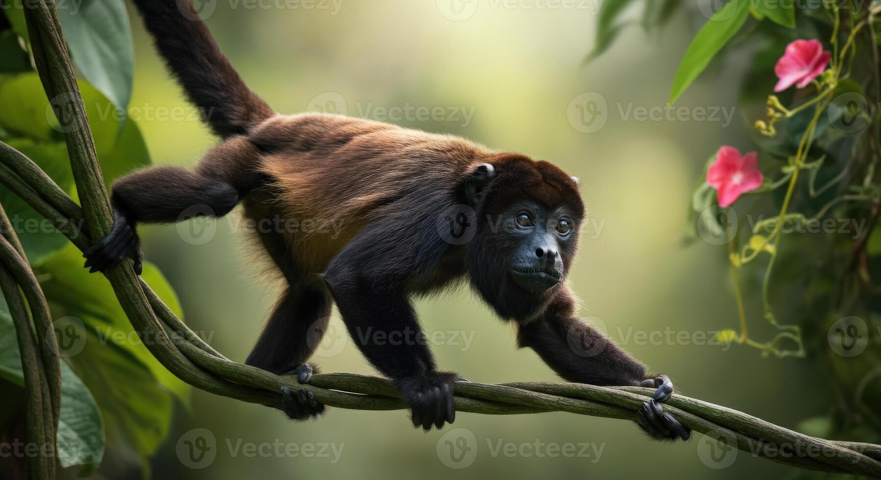 Howler monkey exploring lush jungle environment with pink blossoms photo