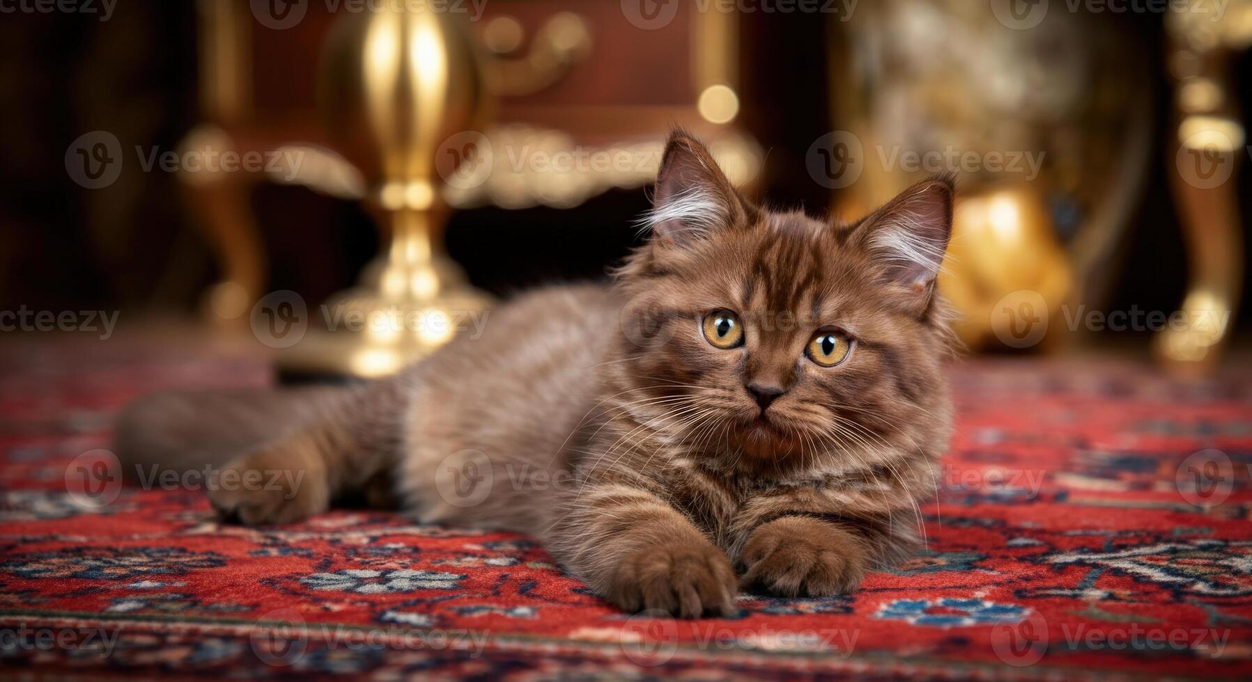 Adorable long-haired brown cat resting on ornate red persian rug in luxurious room photo