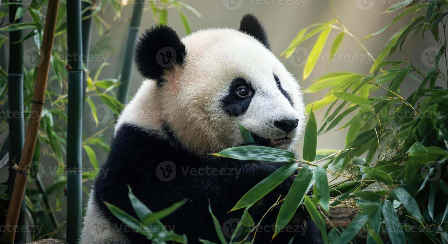 Adorable panda eating bamboo in lush forest habitat photo