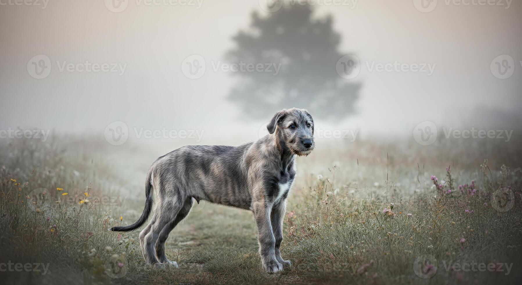 Majestic irish wolfhound in tranquil misty landscape at dawn photo