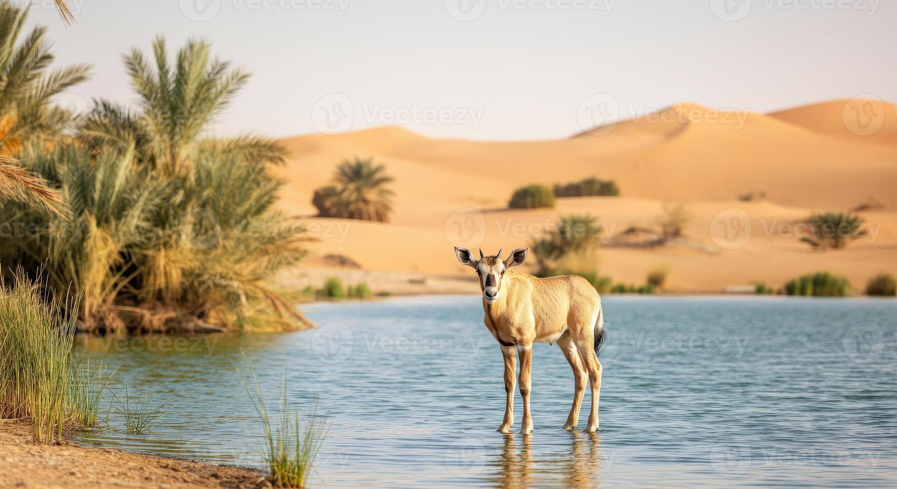 Graceful antelope in serene desert oasis amid lush palms and golden dunes photo