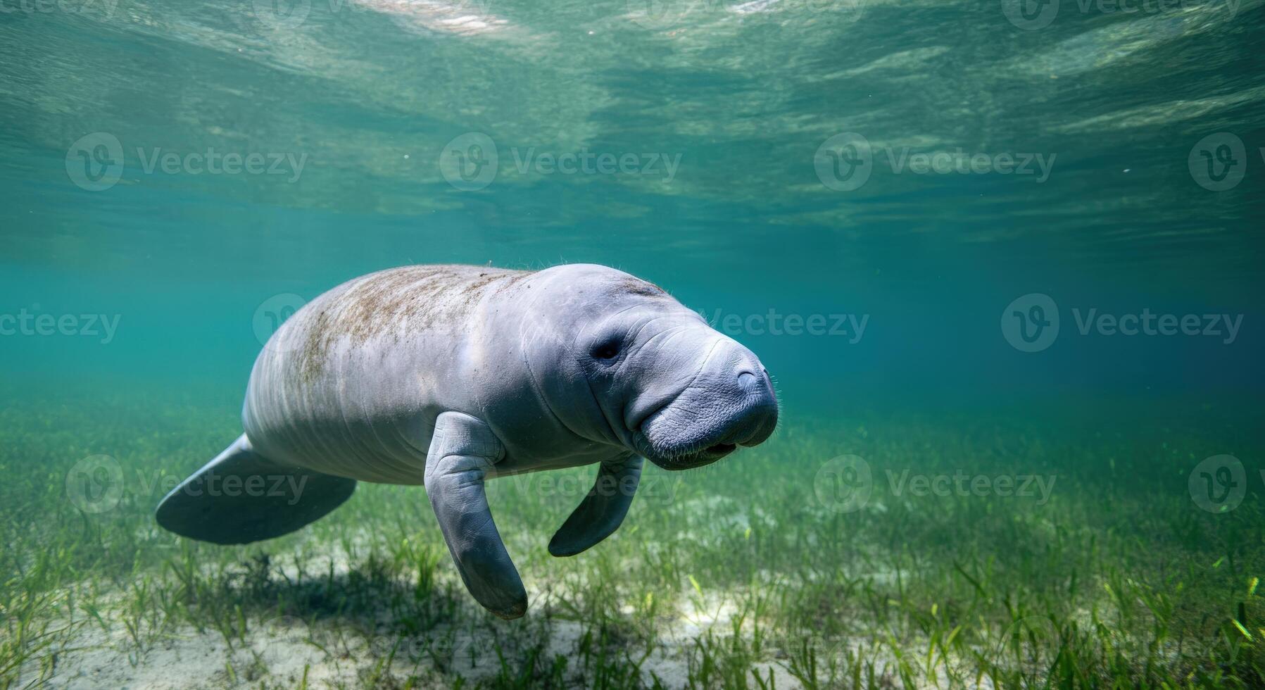 Gentle manatee underwater in crystal clear ocean habitat photo