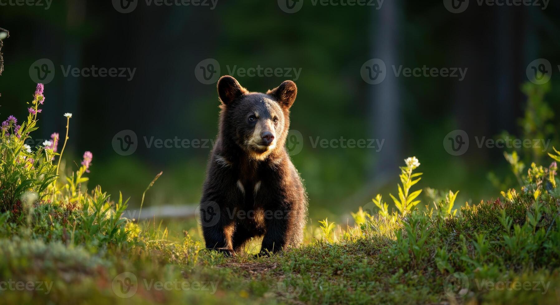 Young bear cub exploring a sunlit forest path in natural wilderness setting photo