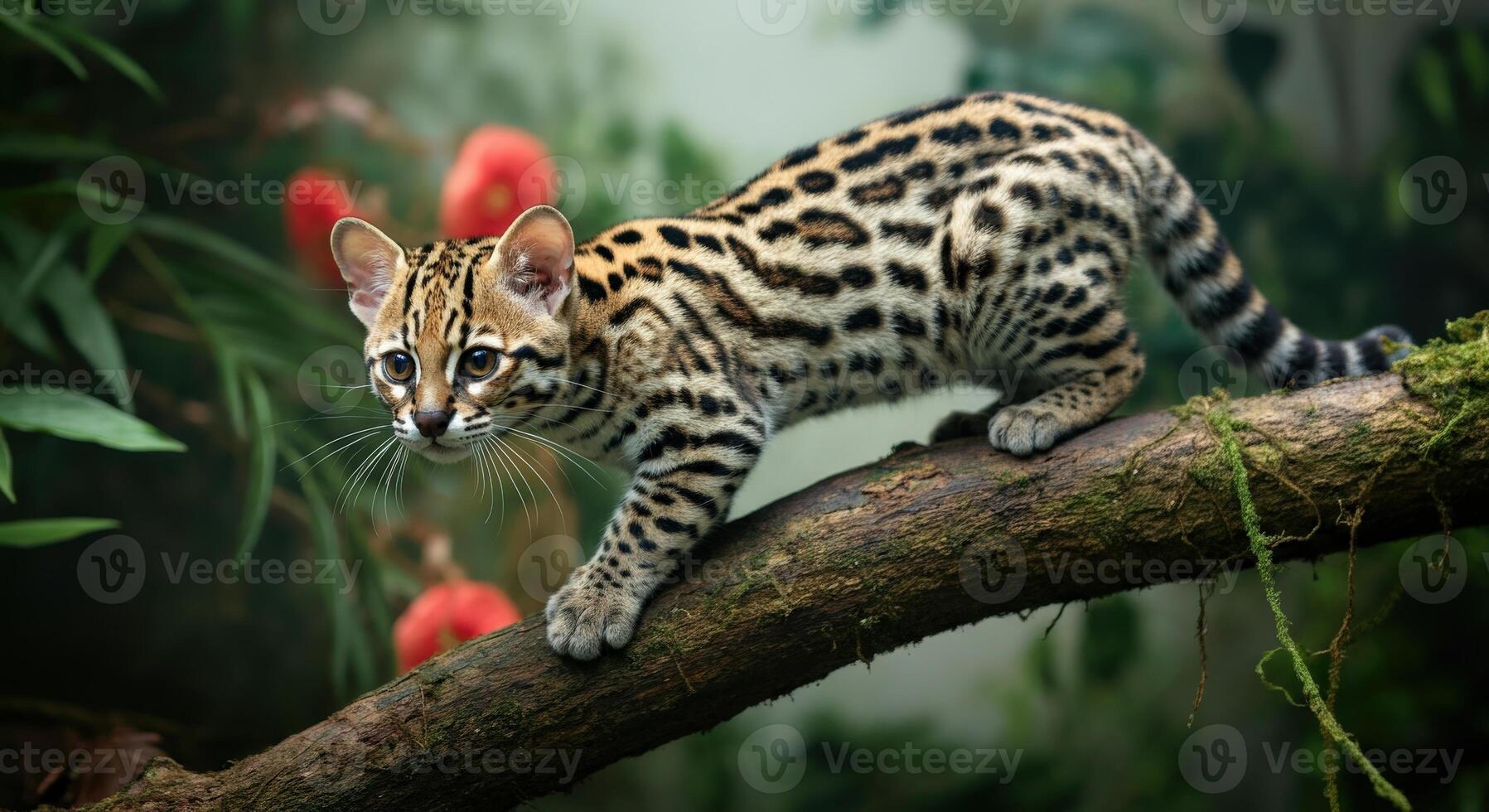 Majestic ocelot in jungle setting with lush greenery and red blossoms photo