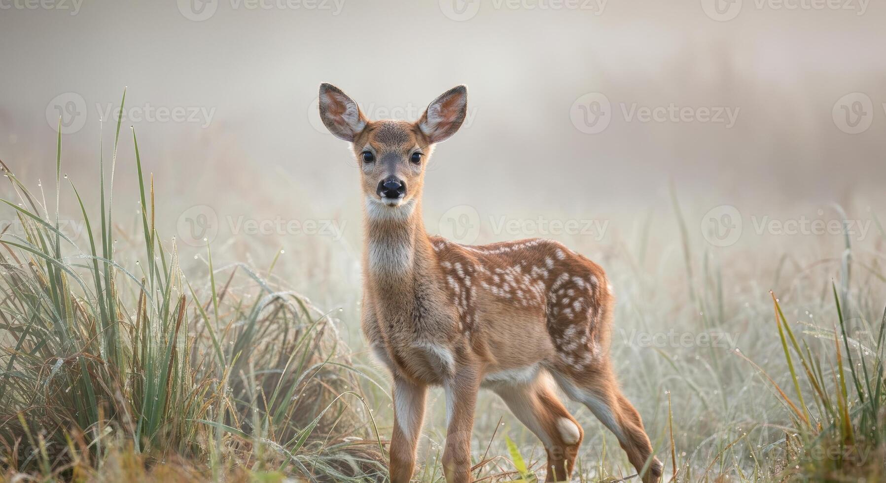 Young fawn in foggy morning meadow surrounded by dew-kissed grass photo