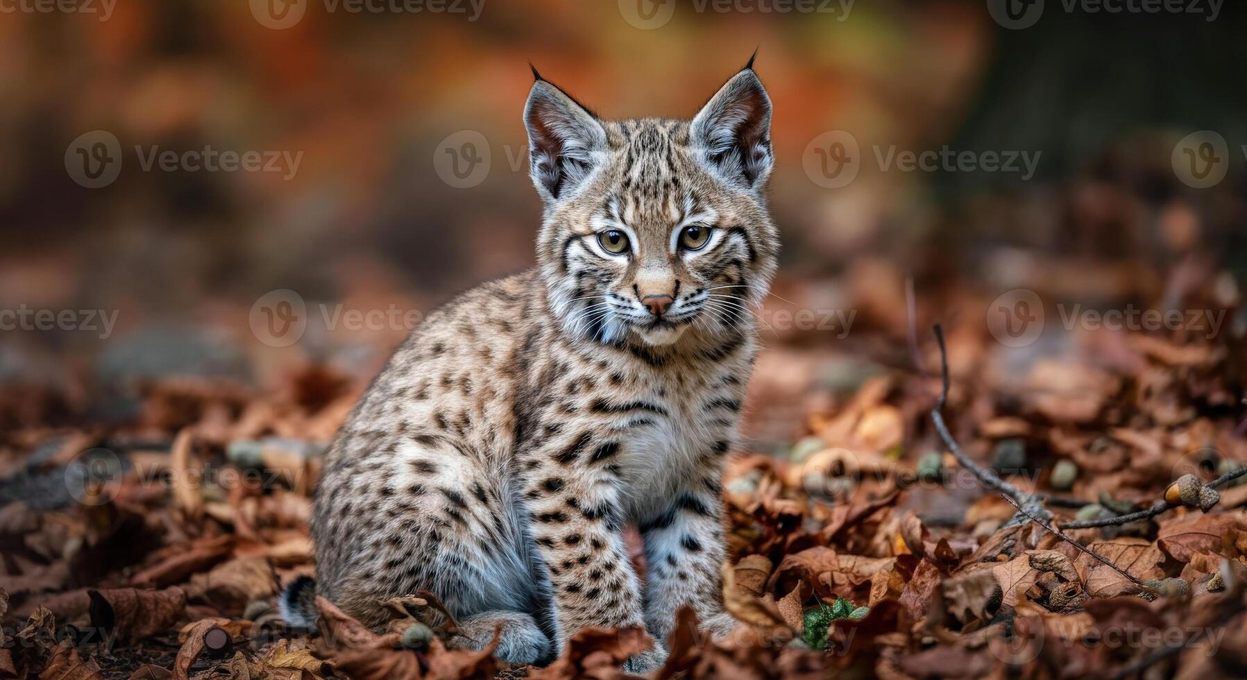 Young lynx in autumn forest surrounded by colorful fallen leaves photo