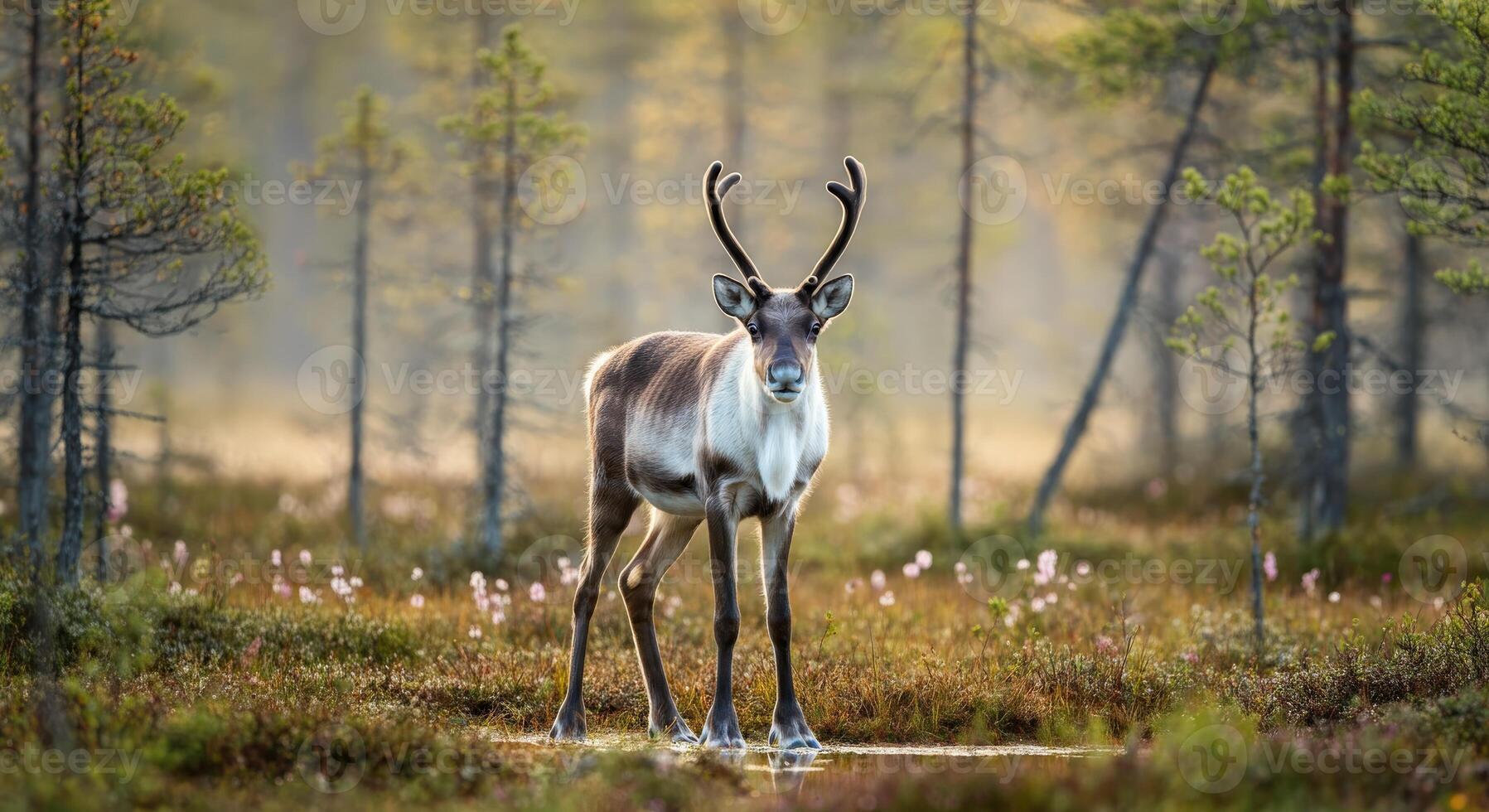Majestic reindeer standing in serene forest clearing during early morning light photo