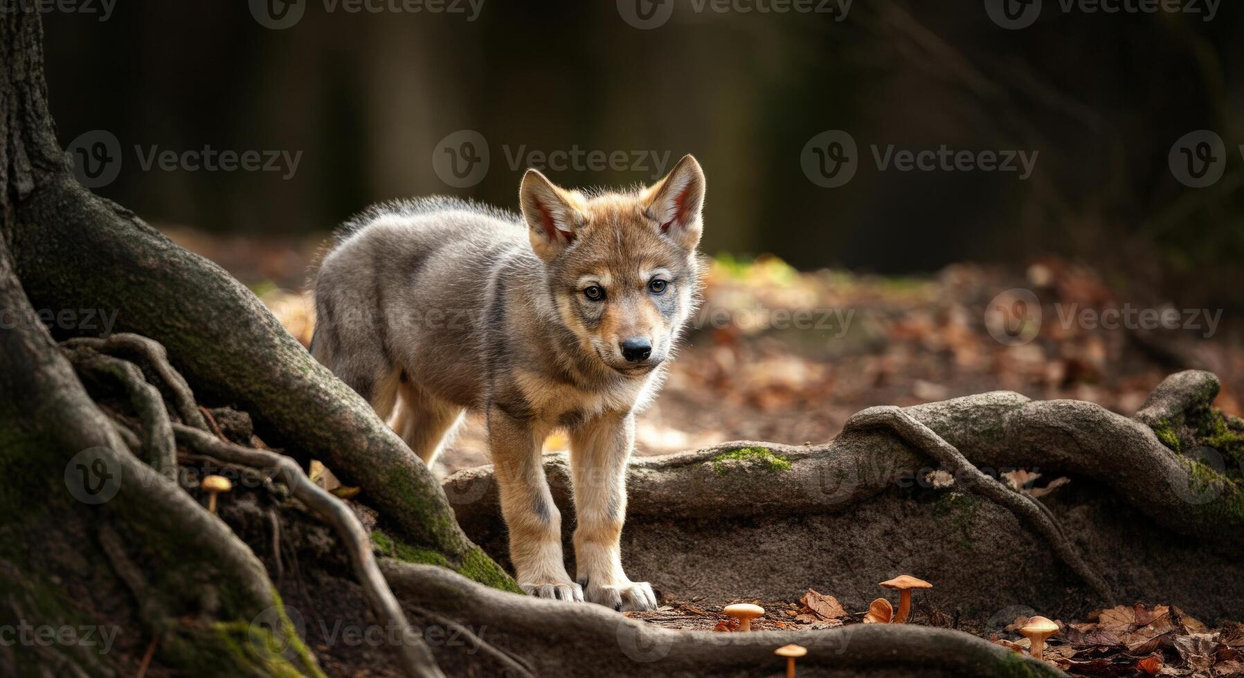 Young wolf pup in autumn forest with mushrooms and tree roots photo