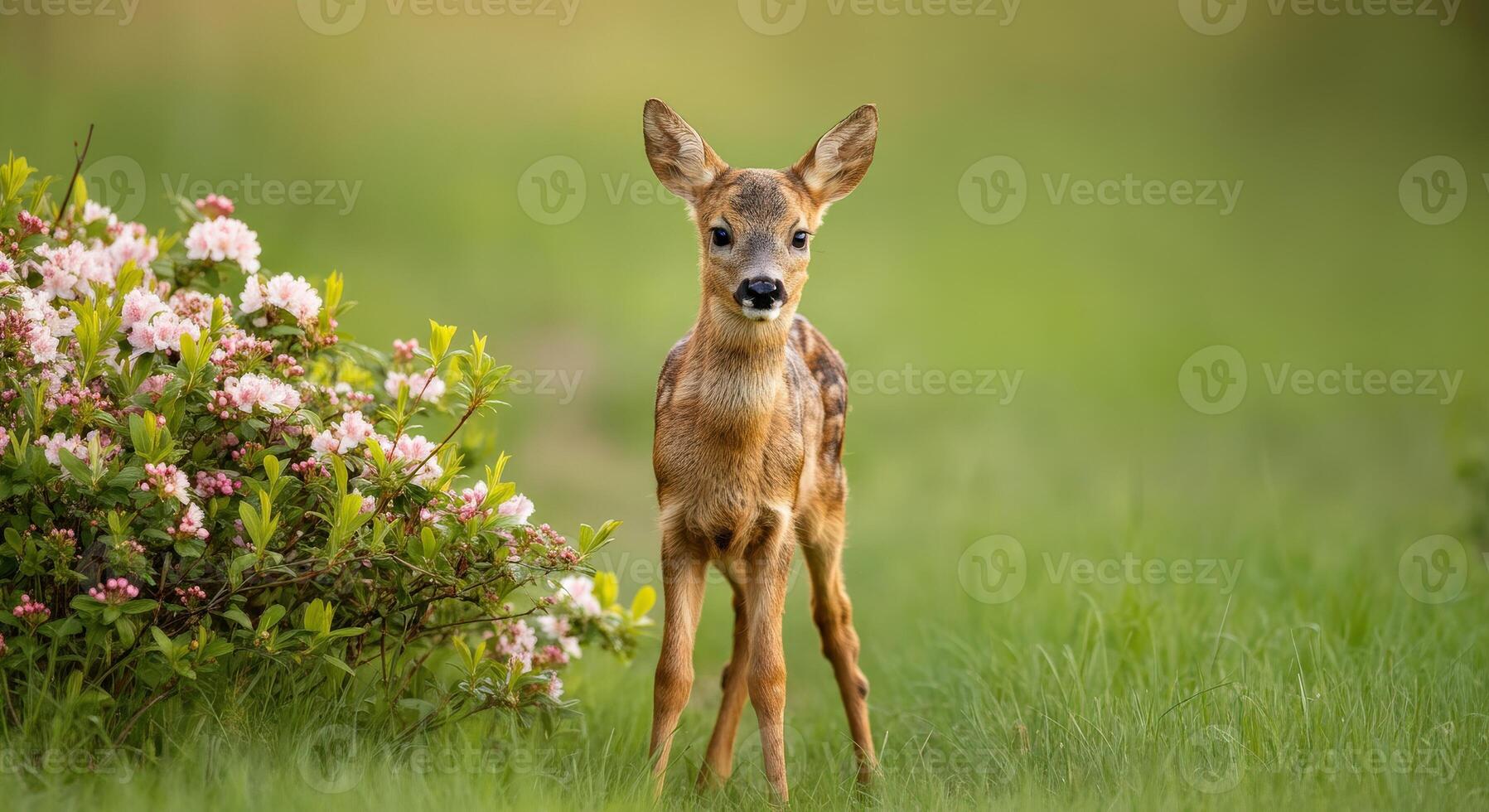 Adorable fawn standing in lush green field with blooming flowers under soft daylight photo