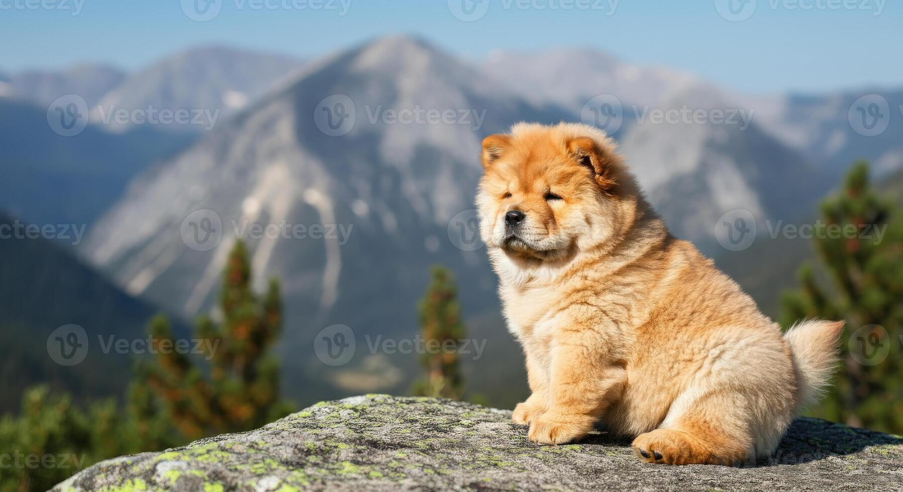 Fluffy chow chow puppy in mountain landscape photo
