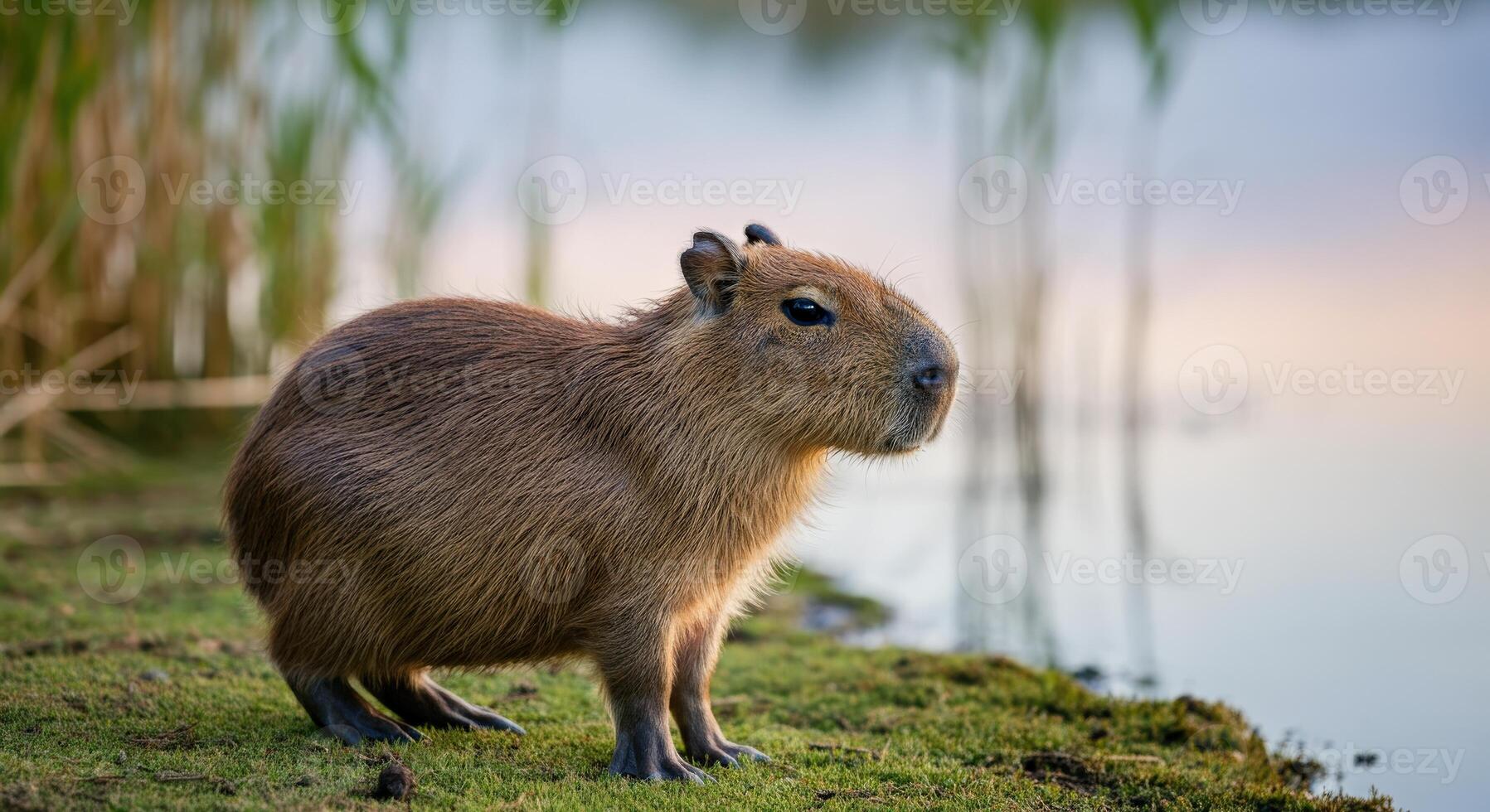 Capybara by tranquil waters edge amidst lush greenery at sunset photo