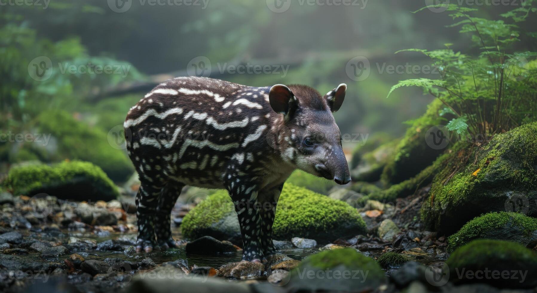 Young tapir exploring lush rainforest habitat photo