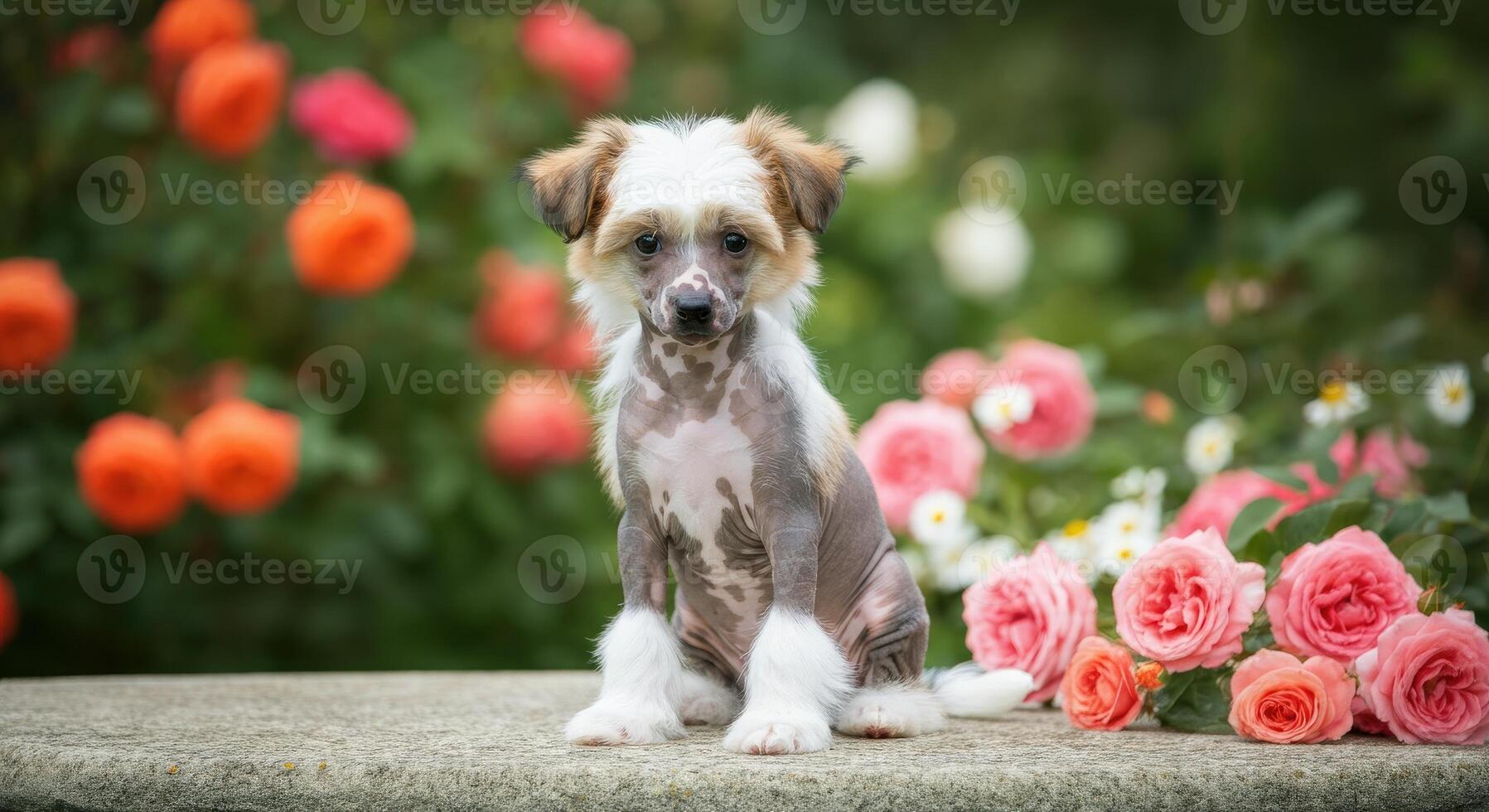 Adorable chinese crested puppy in a vibrant rose garden setting for pet lovers photo