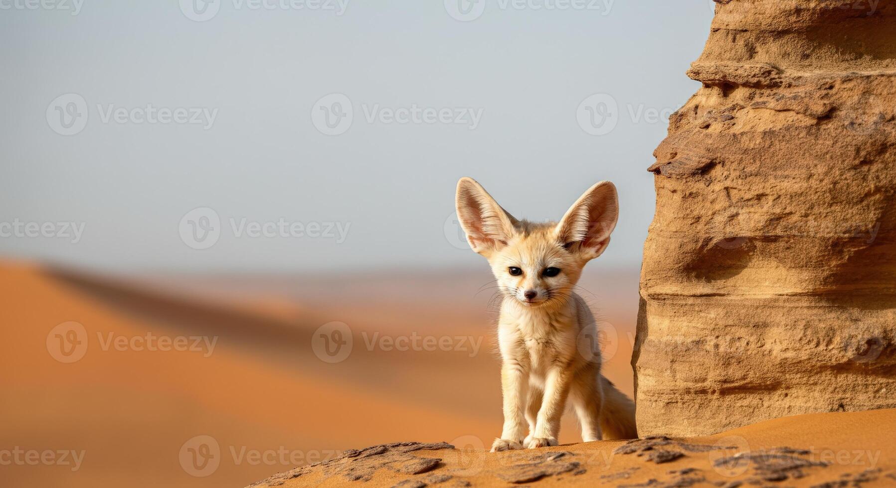 Fennec fox in desert landscape with sand dunes and rocky formations photo