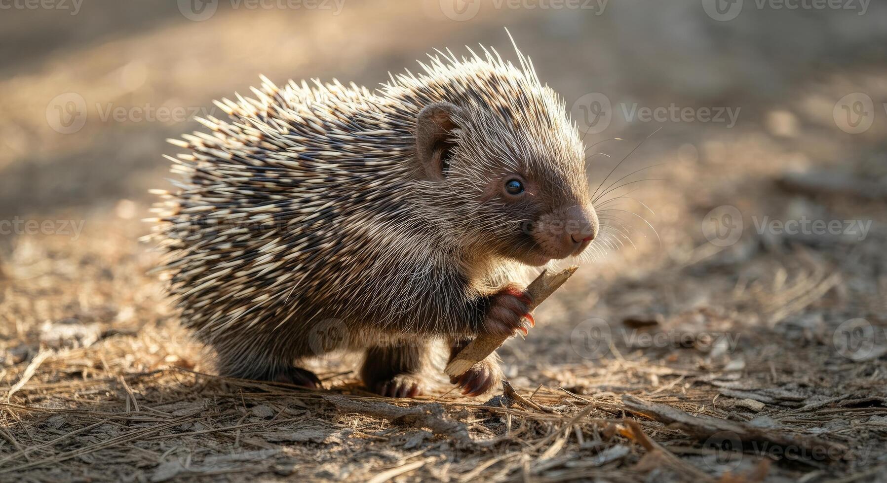 Adorable baby porcupine holding a twig in sunlit natural habitat photo