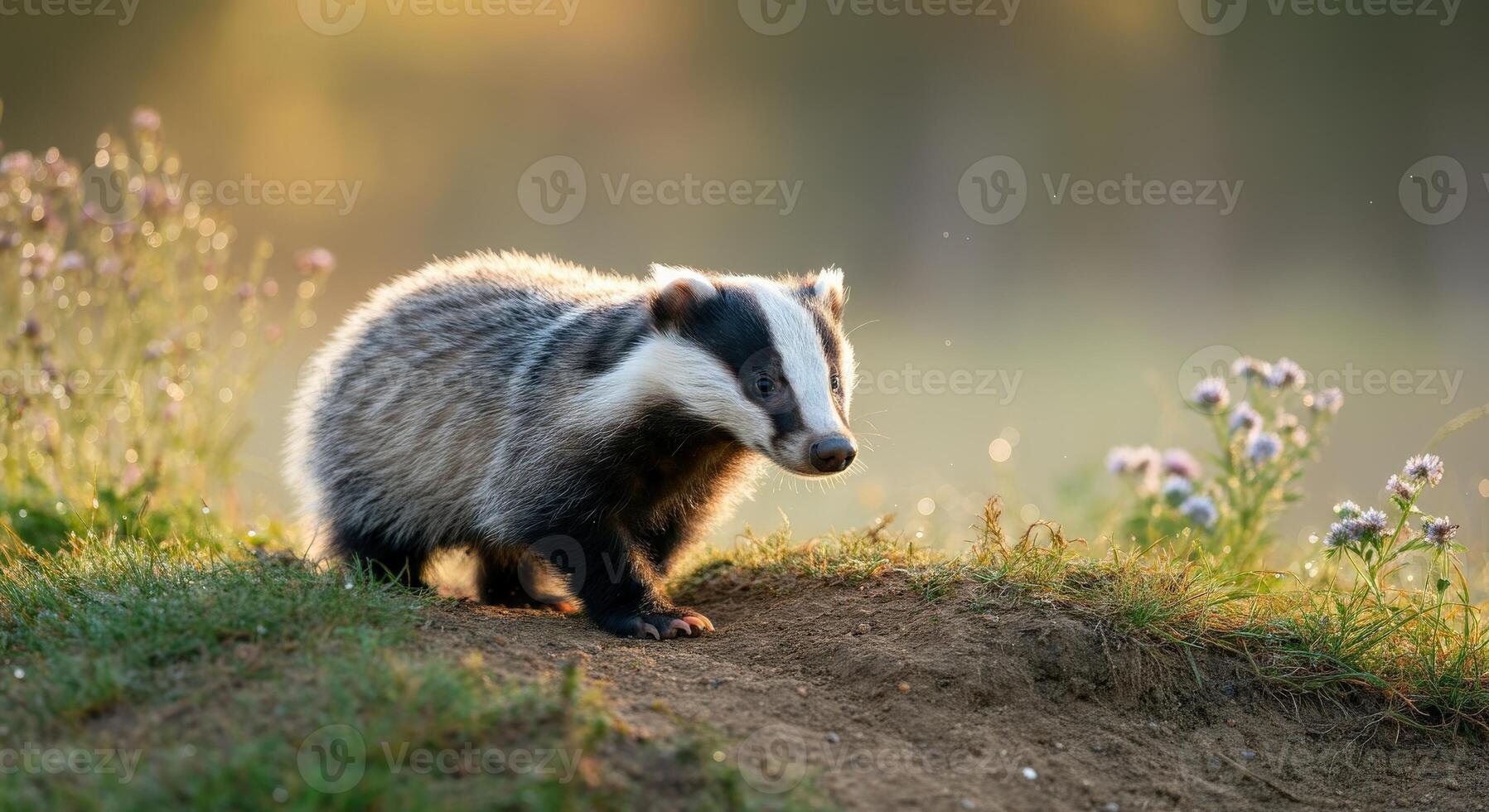 European badger in natural habitat during golden hour photo