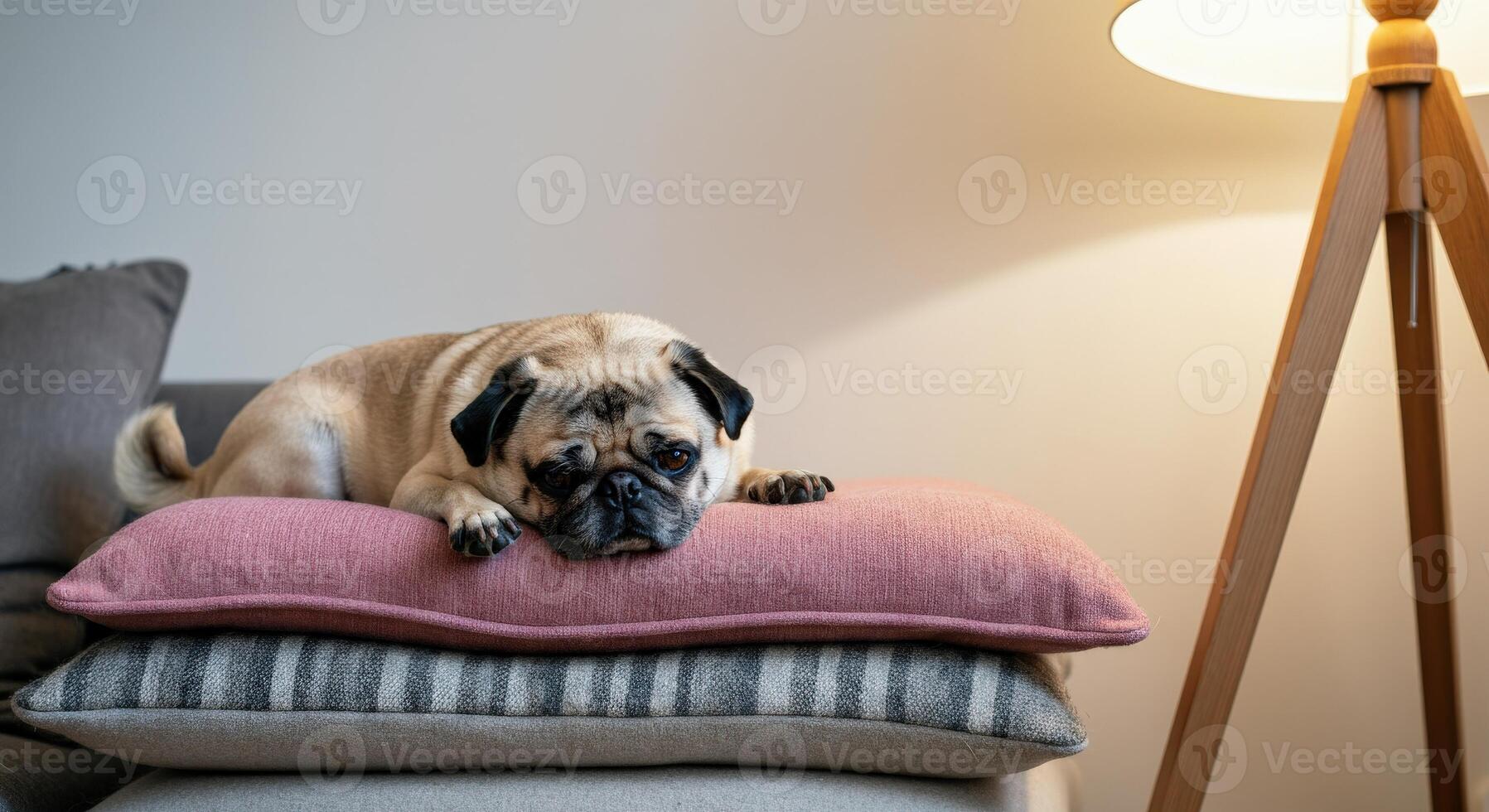 Cozy indoor scene with relaxing pug on pillows next to a modern floor lamp photo