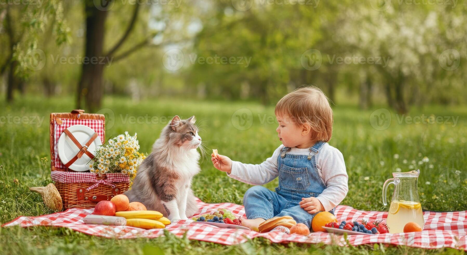 Adorable child and cat picnic in spring garden with fresh fruits and lemonade photo