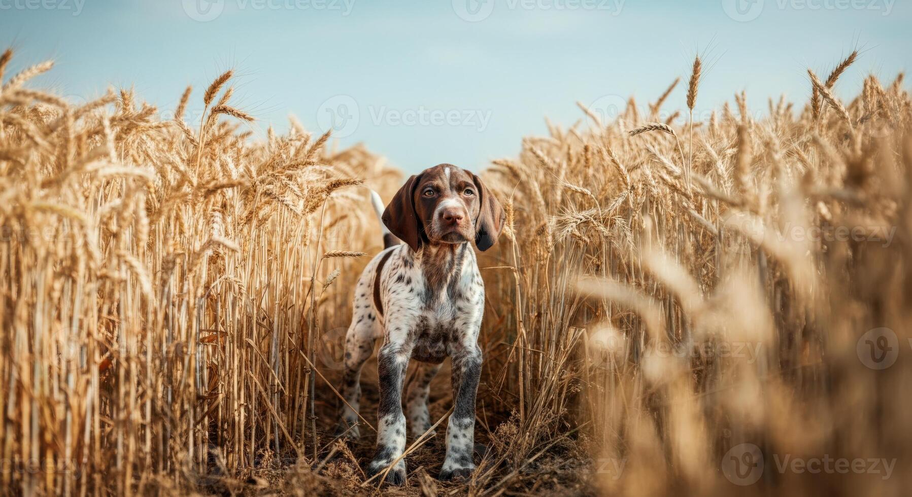 Playful pointer puppy exploring sunlit wheat field amidst golden crops on a sunny day photo