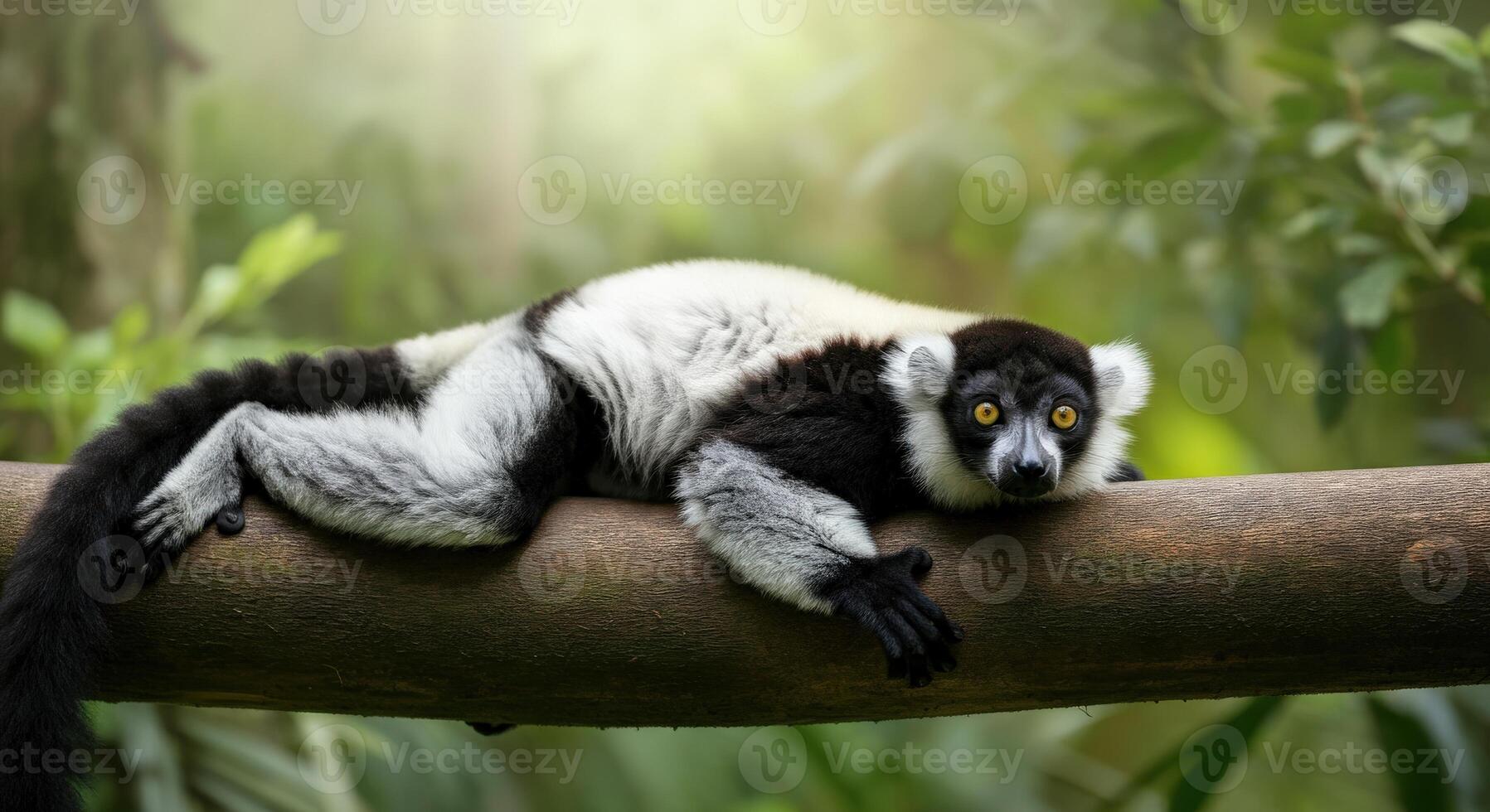 Black and white ruffed lemur resting on a tree branch in lush forest habitat photo