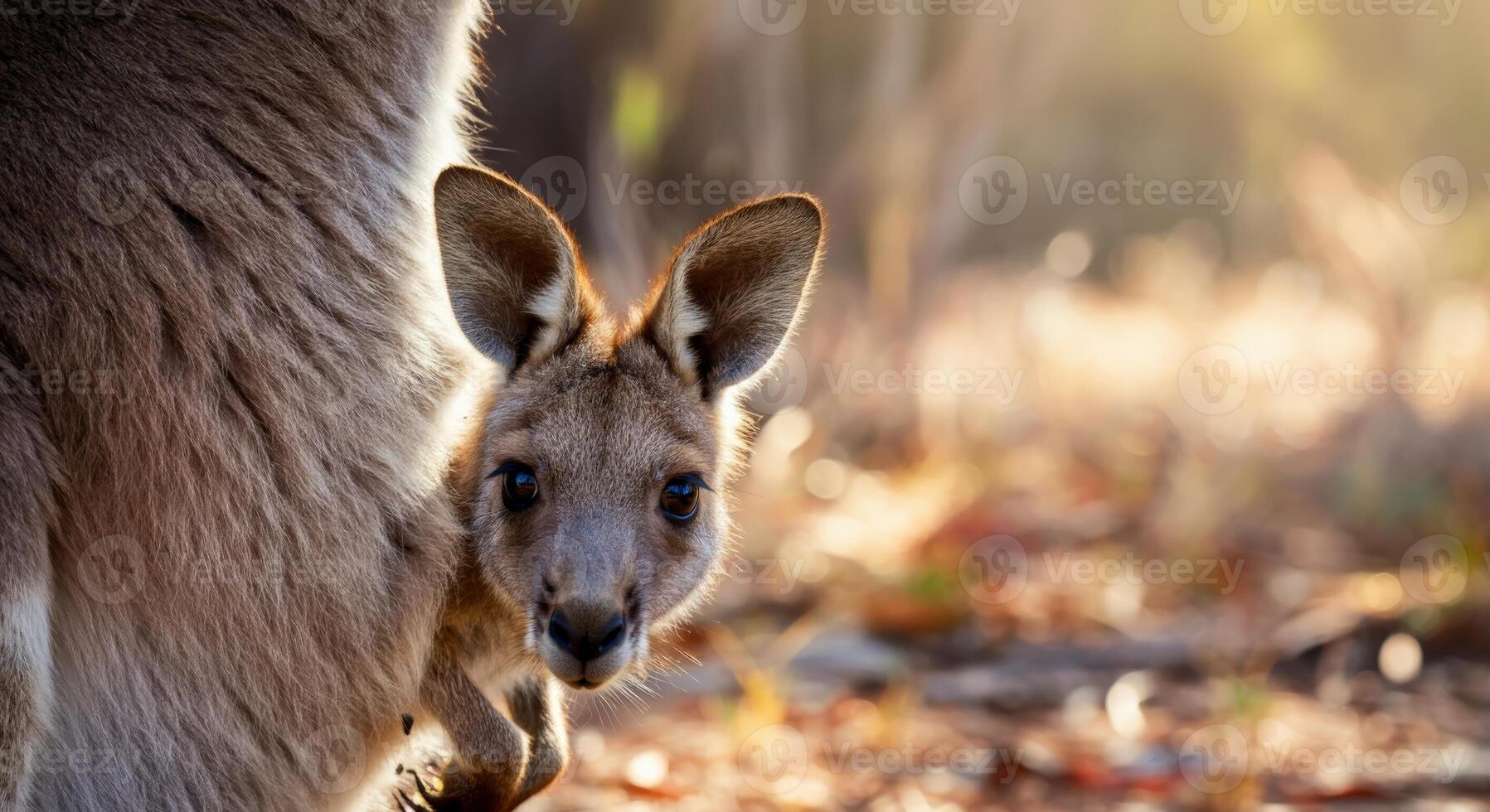 Curious kangaroo joey peeking from mother's pouch in sunlit australian outback photo