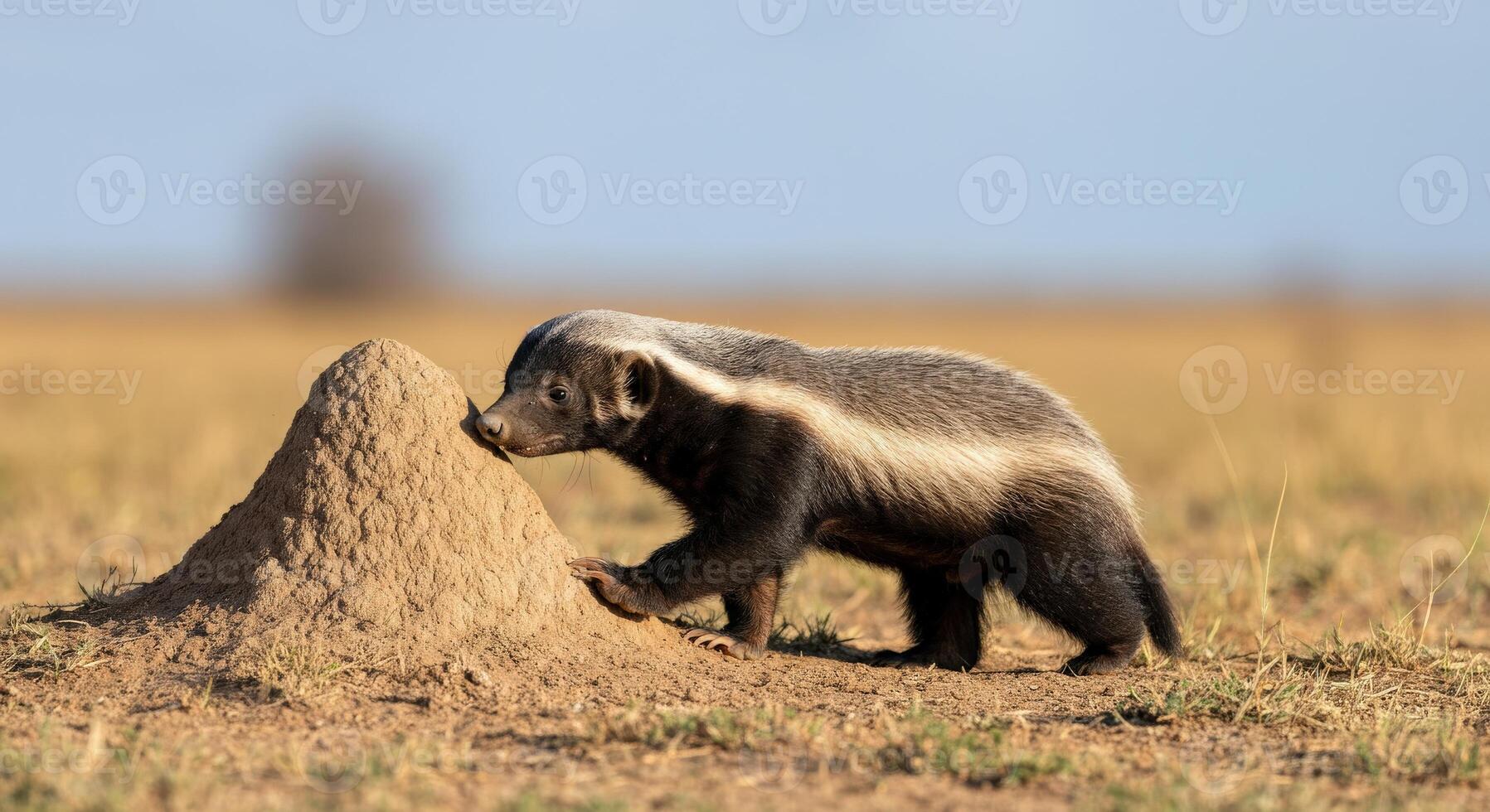 Honey badger exploring termite mound in african savannah landscape photo