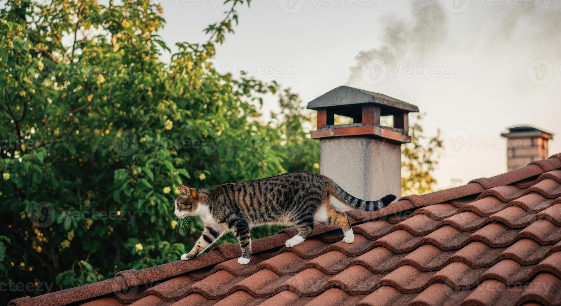 Tabby cat walking on tiled roof with lush greenery and smoky chimney in background photo