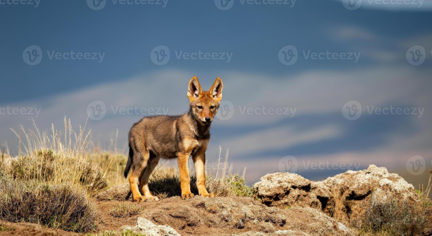 Ethiopian highlands scenery featuring young african ethiopian wolf in natural habitat photo