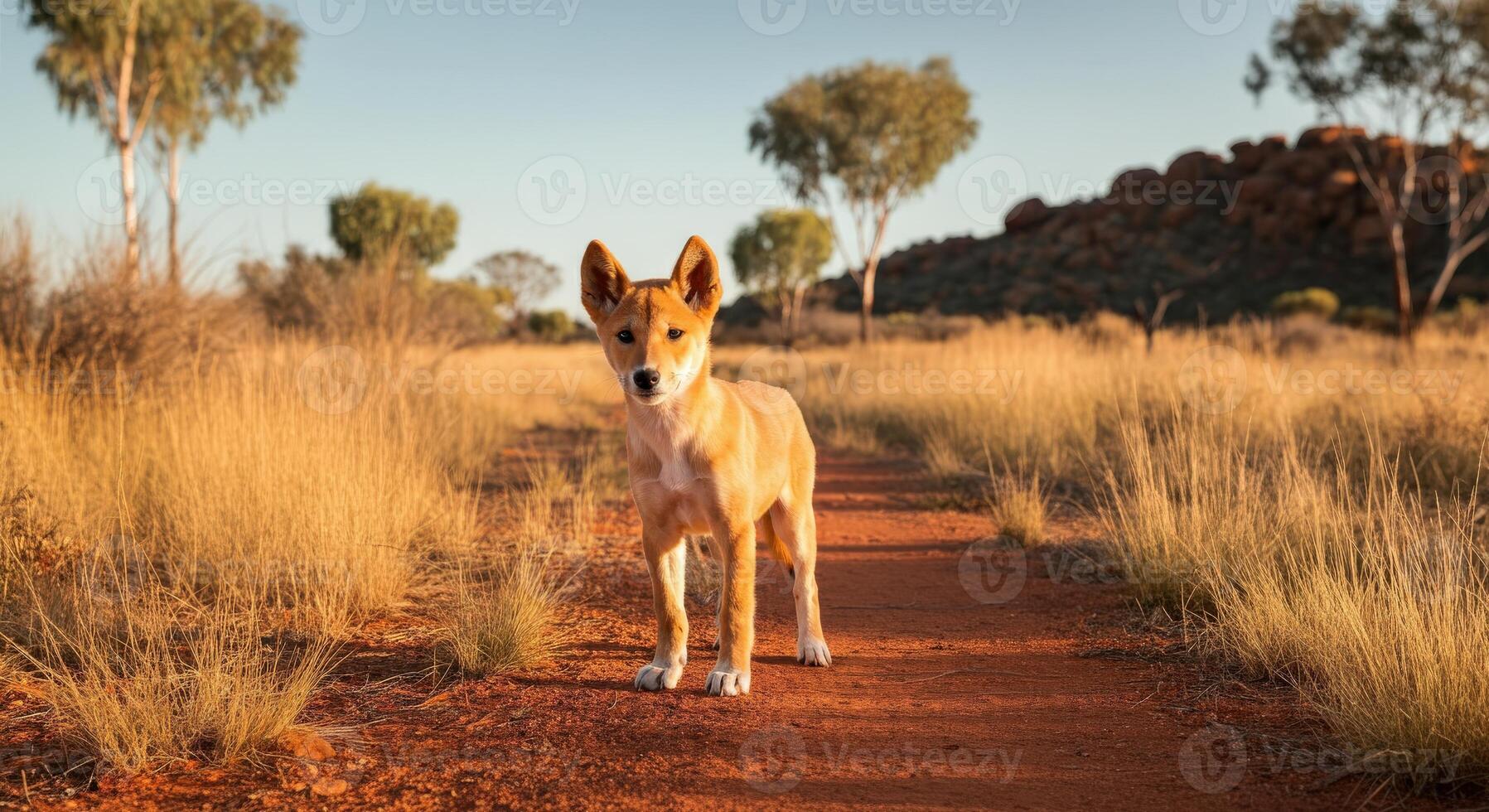 Australian outback adventure with lone dingo on red dirt path photo