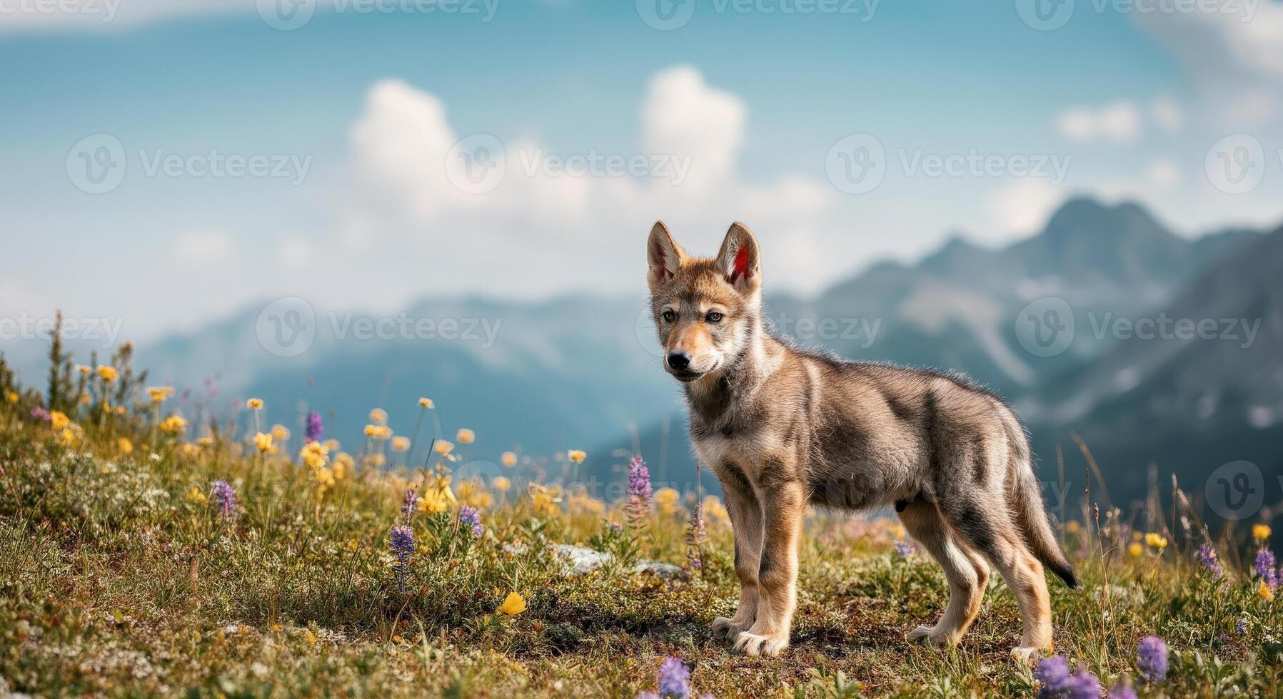 Young wolf pup exploring mountain meadow in summer landscape photo