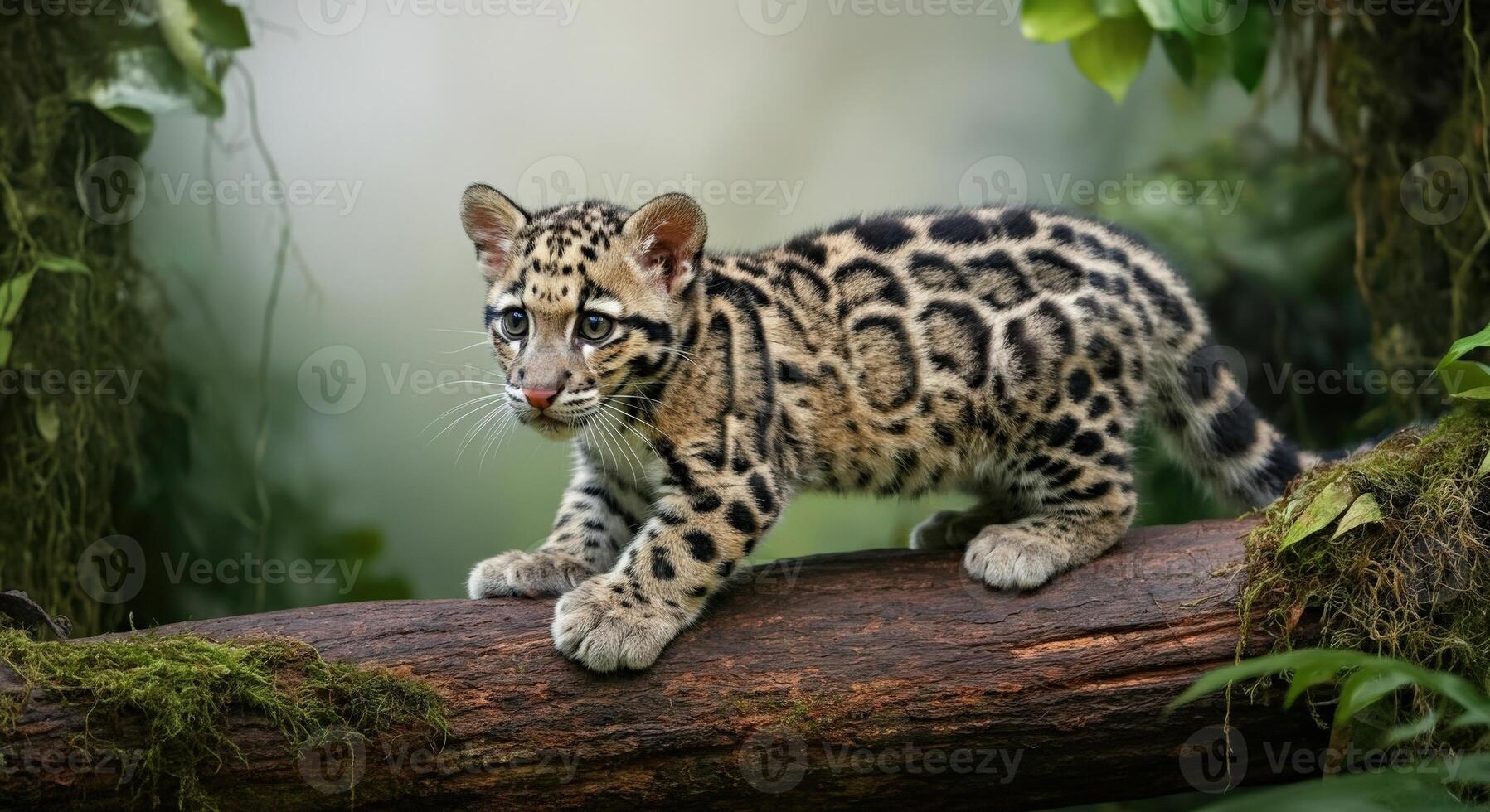 Young clouded leopard in lush jungle environment, exploring nature photo