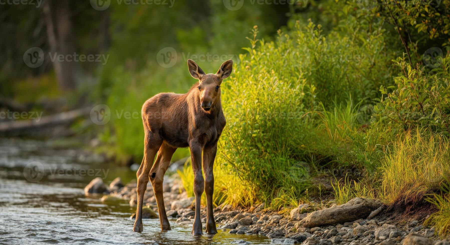 Young moose standing in a tranquil forest stream during golden hour photo